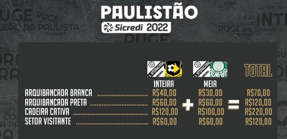Confira os preços dos ingressos para Inter x Palmeiras e Inter x São Bernardo